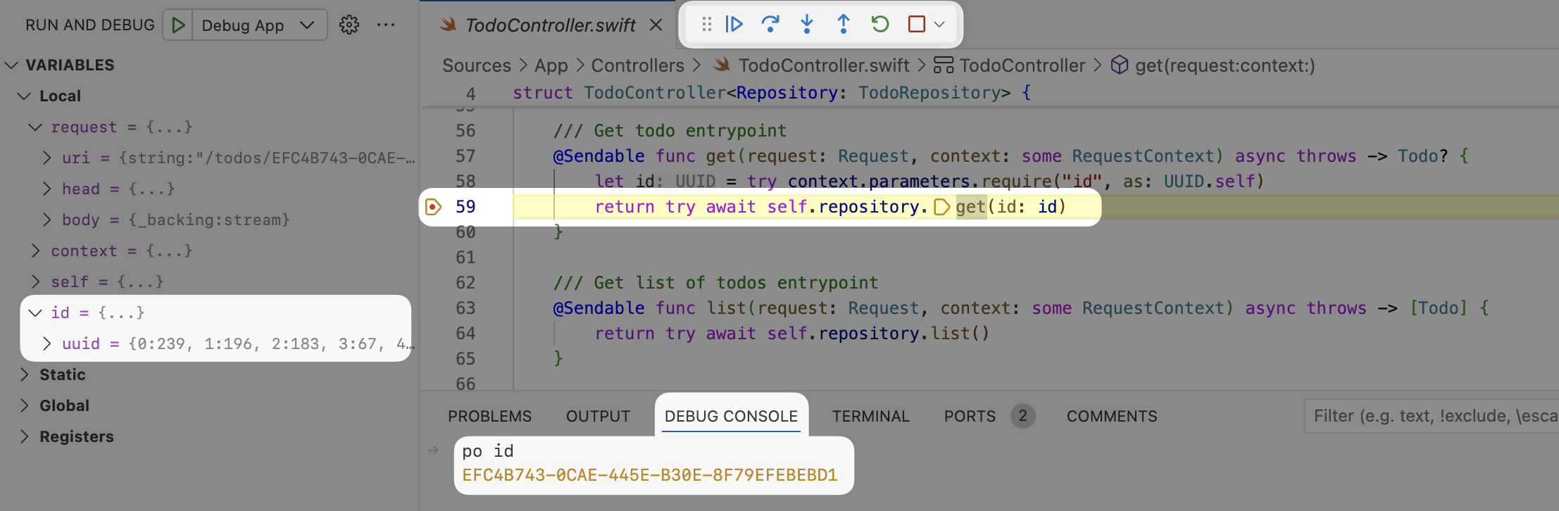 Stopped at a breakpoint, inspecting variables Stopped at a breakpoint, inspecting variables