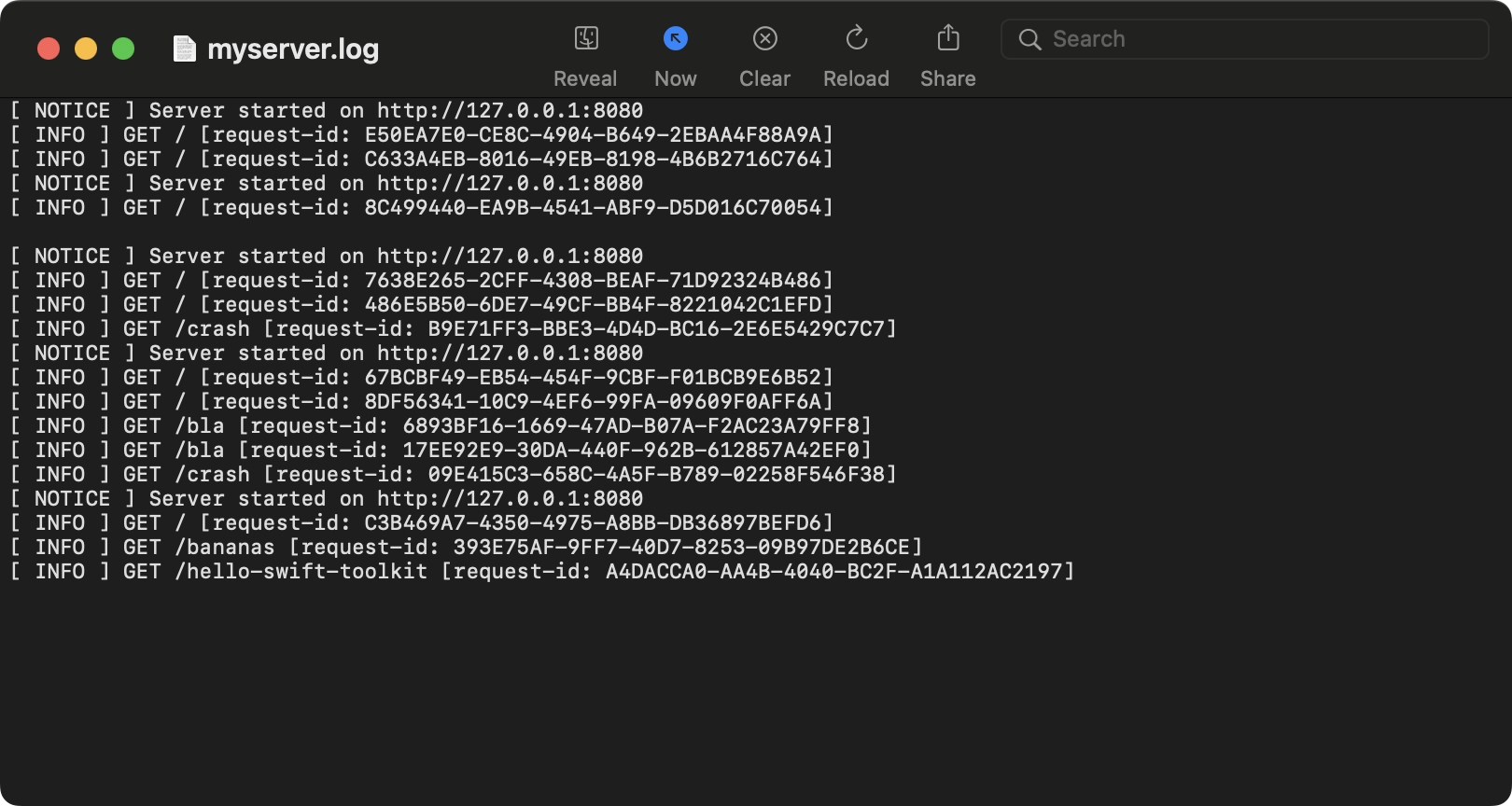The Console app, with the Now mode enabled The Console app, with the Now mode enabled