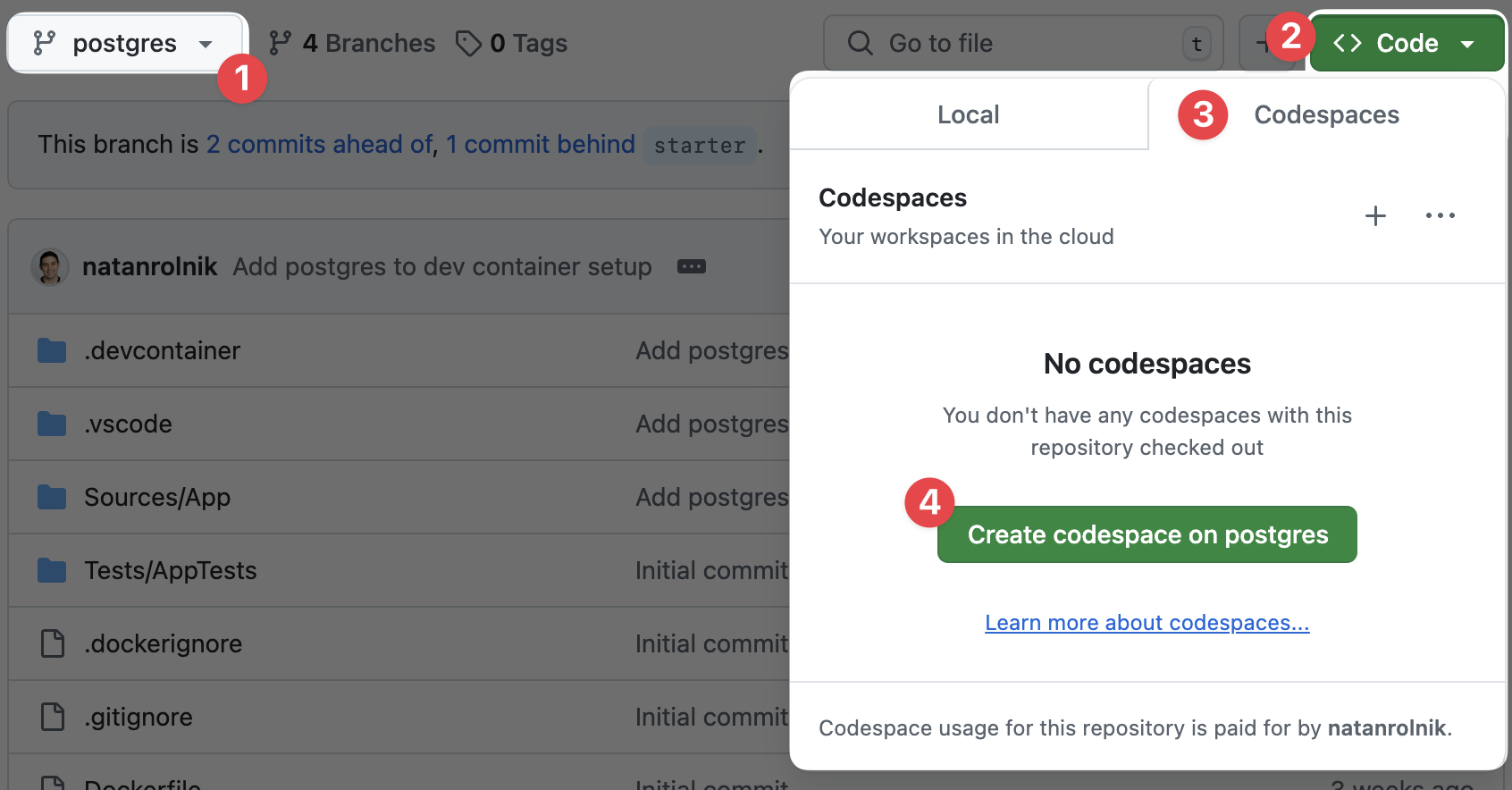 Creating your first codespace Creating your first codespace