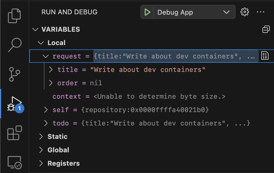 Variables in the debugging scope Variables in the debugging scope