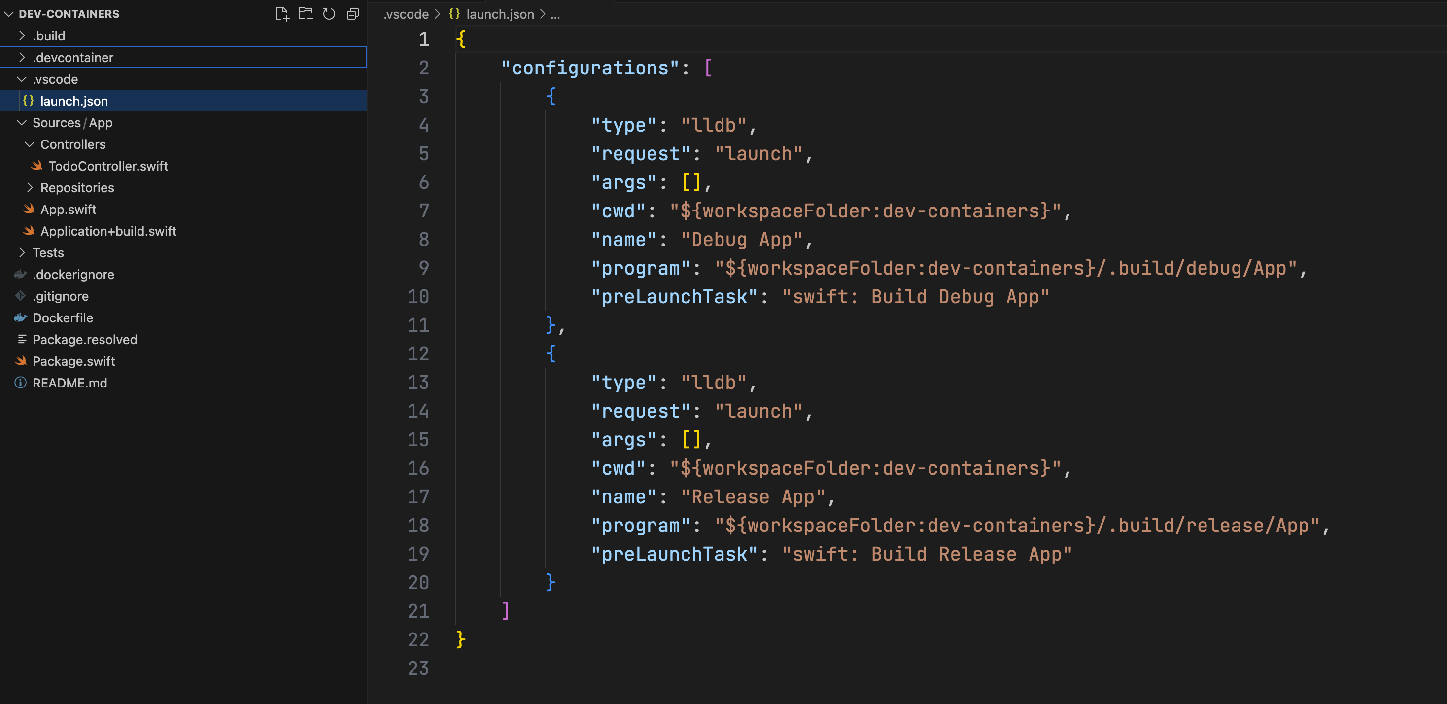 The launch.json file with its configurations The launch.json file with its configurations