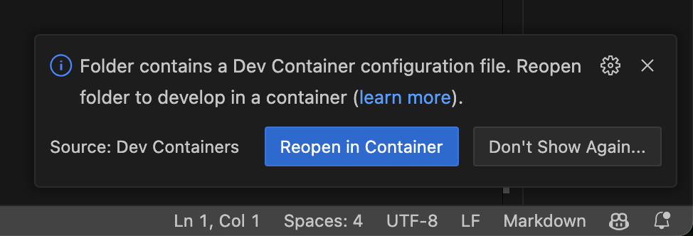 Suggestion to reopen workspace in container Suggestion to reopen workspace in container