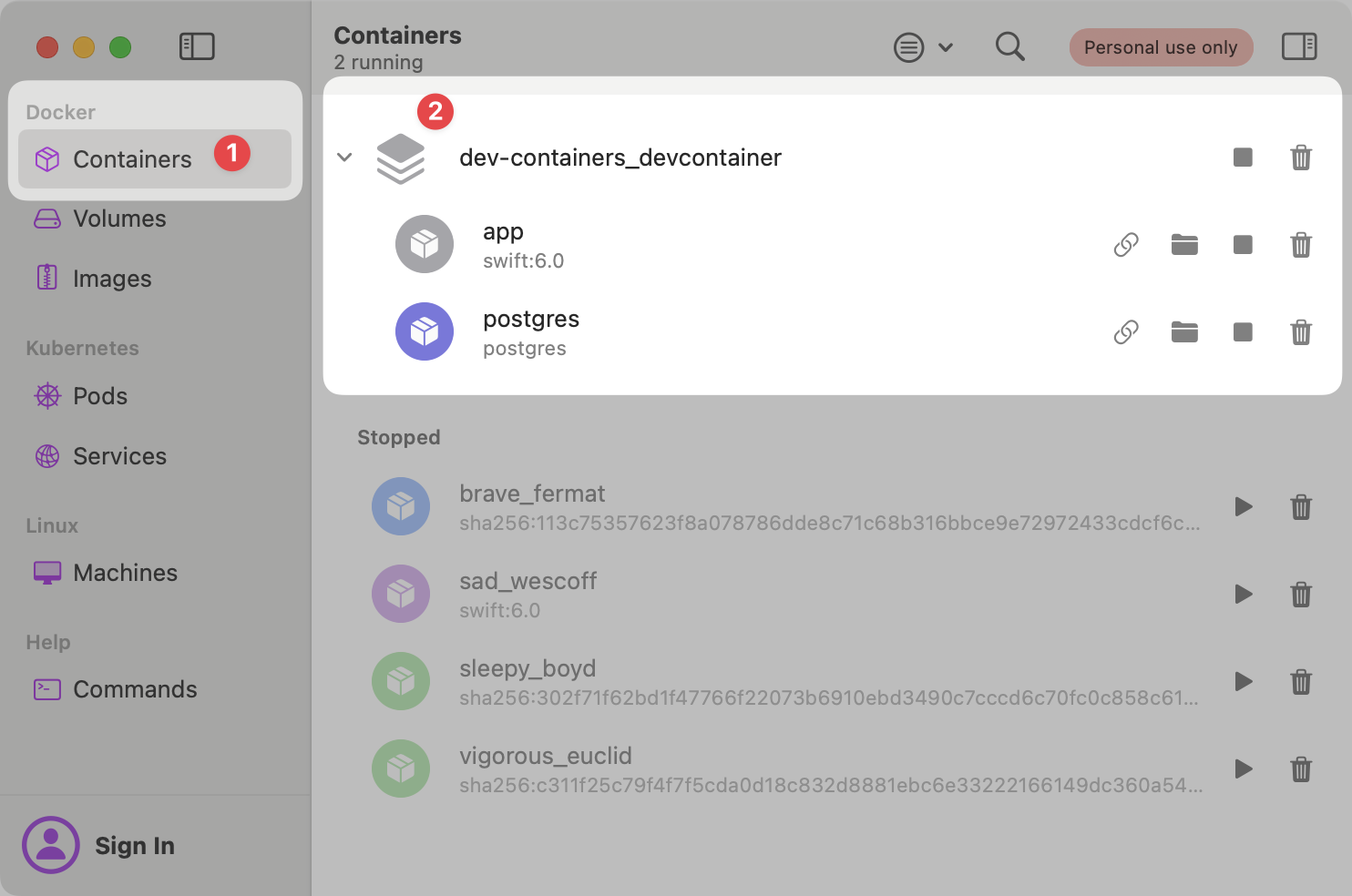Both services containers in the Docker UI Both services containers in the Docker UI