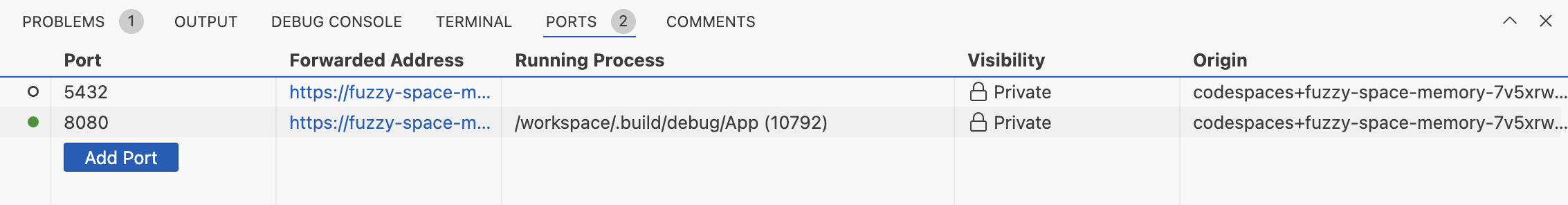 Ports exposed by the codespace Ports exposed by the codespace