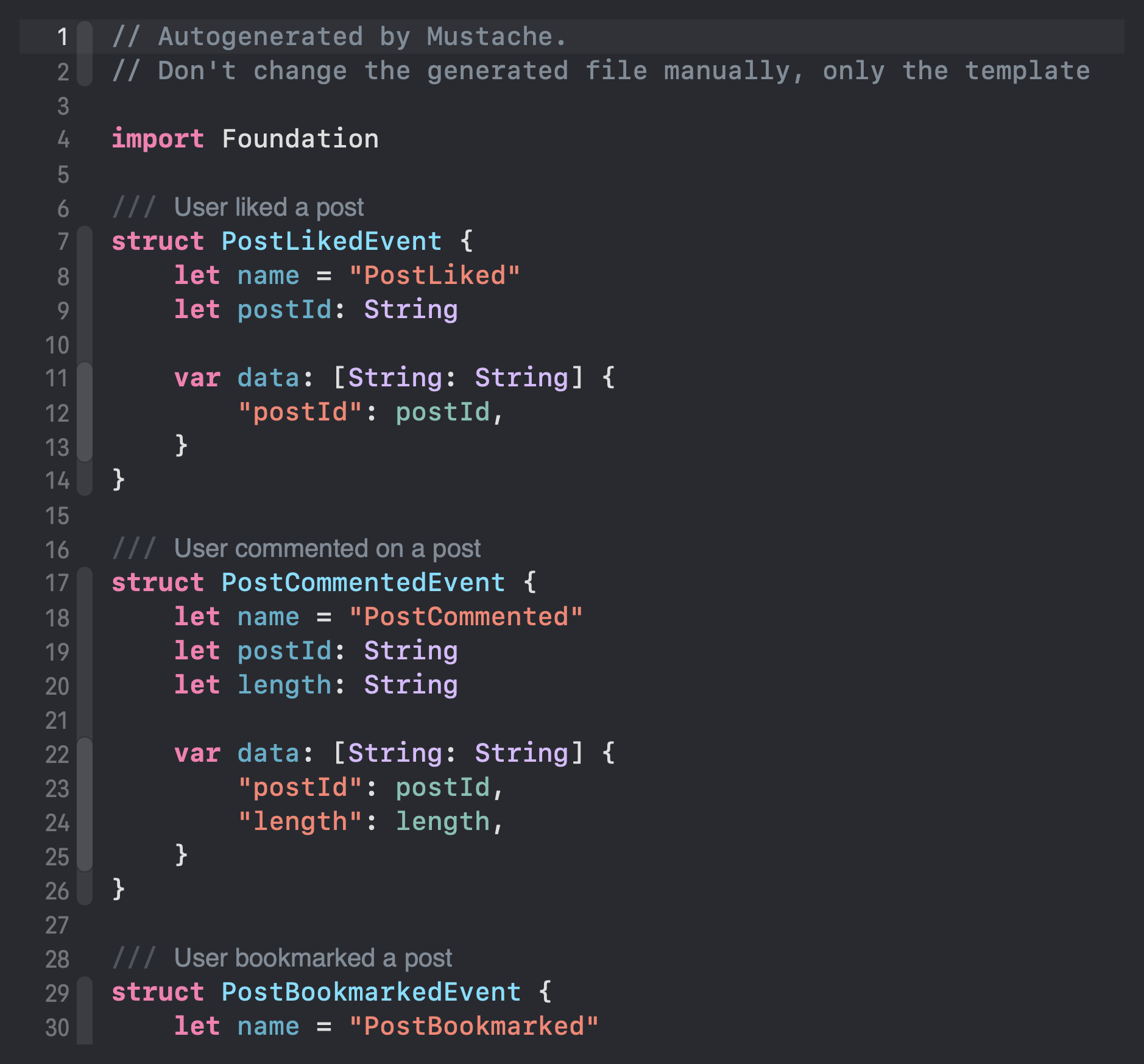 The generated events in the Swift file The generated events in the Swift file