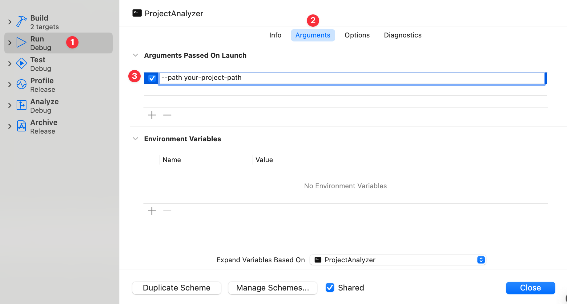 Editing the scheme to pass arguments when running Editing the scheme to pass arguments when running