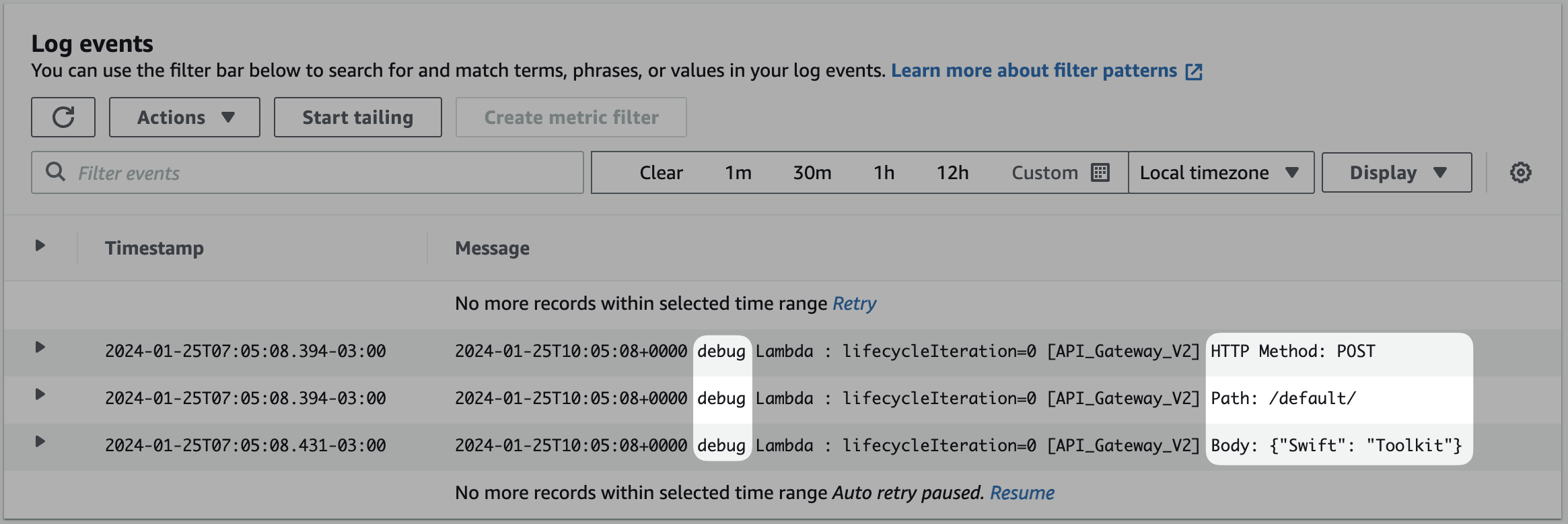 Debug logs in the CloudWatch console Debug logs in the CloudWatch console