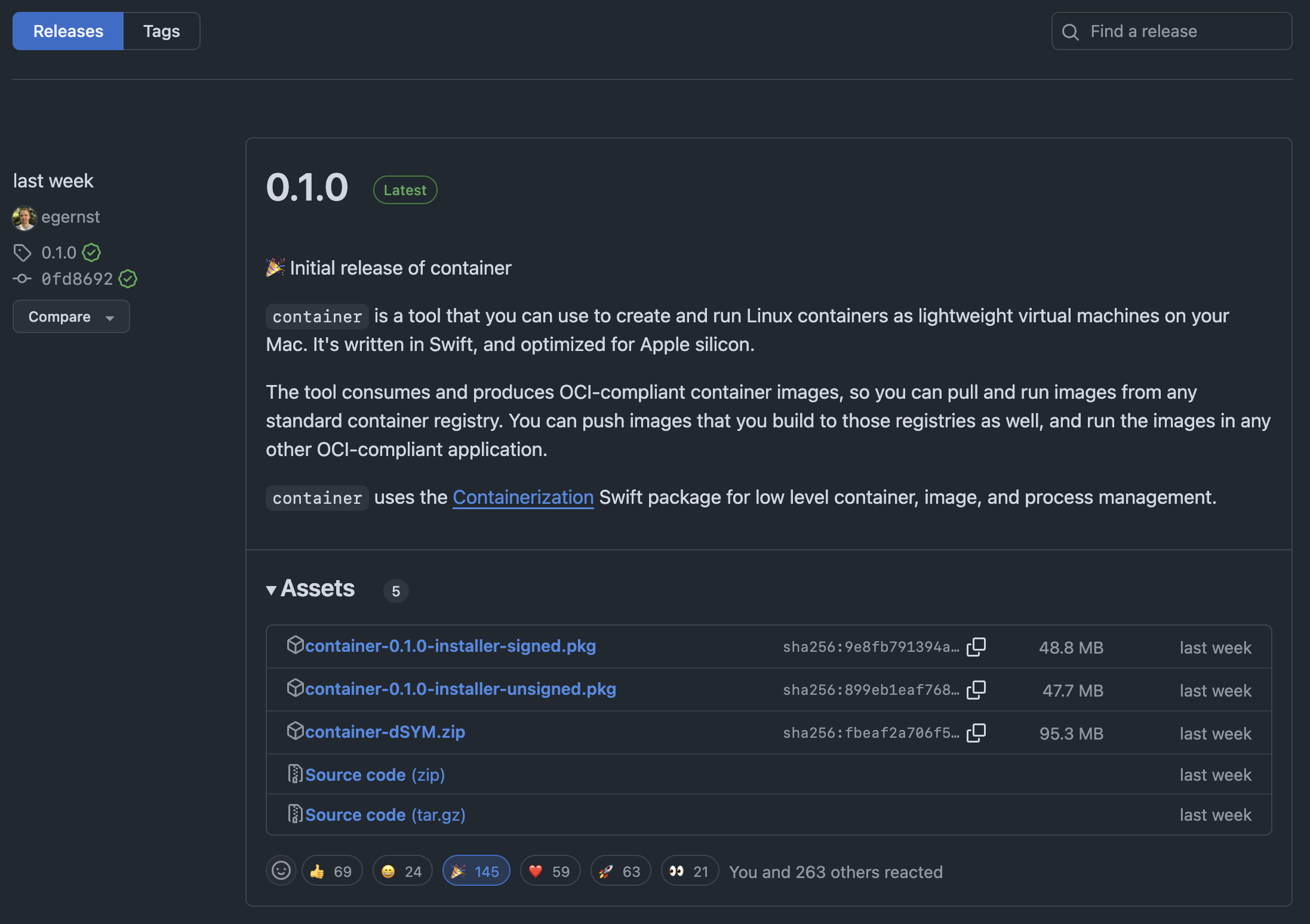 Container's releases page. Many positive reactions for only one week! 🎉 Container's releases page. Many positive reactions for only one week! 🎉